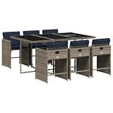 YUOGHRTFE 7 Piece Patio Dining Set with Cushions, Grey Poly Rattan Garden Furniture Set with Foldable Chairs and Tempered Glass Table