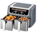 9.5-Liter Double Basket Air Fryer, Dual Zone XL Electric Hot Air Oven with Independent Temperature Control, 10 One-Touch Cooking Presets, Smart Finish Technology for Healthy Oil-Free Frying, Gray