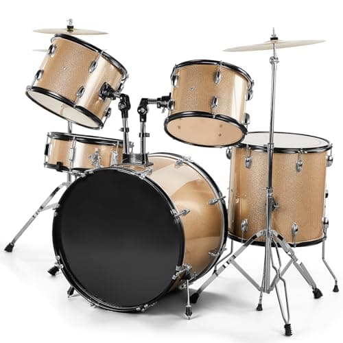 5-Piece Adult Drum Set, Champagne, 9-Ply Poplar Hardwood, 22" Bass Drum, with Stool, Cymbal, Sticks, for Beginners to Advanced