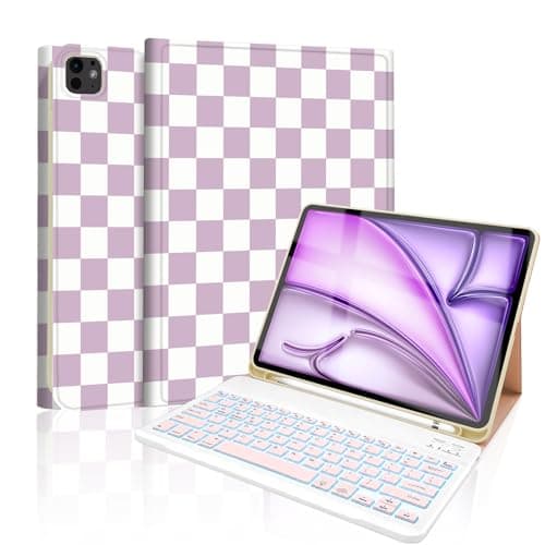 Mewealth for iPad Air 13-inch (M4/M3/M2-2026/2025/2024) Case with Keyboard, Wireless Keyboard Cover with Pencil Holder for iPad Pro 12.9 Inch 6th/5th/4th/3rd, Checkered Plaid Purple-White