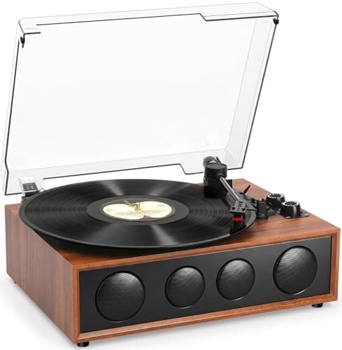 Vinyl Record Player with Built-in 4 Speakers, Vintage 3-Speed Belt-Drive Turntable with Adjustable Counterweight, LED Light Knob & AUX RCA Output, Brown Wood
