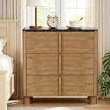Hotmeily 31.5" Wide 3-Drawer Nightstand, Faux Marble & Wood Nights tand with Drawers, Large Bedside Table for Bedroom, Curved Design with Rounded Handles, Walnut
