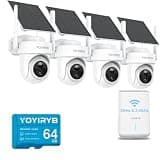 YOYIRYB 4-Camera Solar Security System + 64GB Memory Card, Ethernet Base Station, 4K Outdoor Cameras, No Subscription, Local Storage, Color Night Vision