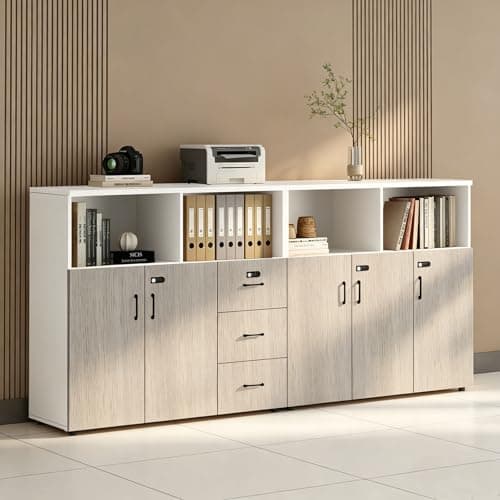 HSHBDDM File Cabinet with Password Lock, Wood Lateral Filing Cabinet for Letter/A4 Files, 3 Drawer with Door, Printer Stand with Open Shelves for Home Office