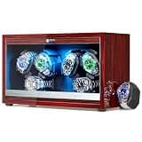 ANWBROAD Automatic Watch Winder, 6 Watch Winders for Automatic Watches with Glass Lid, 4 Modes Watch Winder box with Adapter, Super Quiet Motor-Red Piano Finish, UJWW003Y