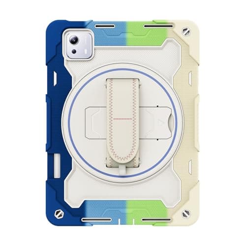Fenghengyutai Heavy Duty Tablet Case Compatible for Xiaomi Pad 7s Pro, Rainbow Colorful Silicone Shockproof Shell with Pencil Holder, Hand Strap, Rotating Fold Kickstand