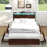 Kiivakii King Size Bed Frame with 4 Storage Drawers, LED Platform Bed with Headboard, Built in Charging Station, Noise Free, Metal Support Base, No Box Spring Needed, Red Brown