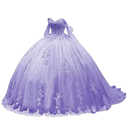 Ftupza Lavender Quinceanera Dresses Sparkly Tulle Prom Ball Gown Puffy Off Shoulder 15 Dress for Quinceanera Lace Appliques Sweet 16 Dresses with Train 2