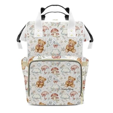 LiSoAkWE Personalized Diaper Bag Cute Bear Clouds Mushrooms Nursing Baby Bags Nappy Bag with Name Casual Travel Nappy Backpack with Thermal Pockets Customized