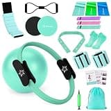 Muuruu Pilates Equipment Kit for Home Workout, Pilates Ring and Ball Set for Women, 14'' Magic Circle Essentials Accessories Kit, Wrist Weights, Resistance Bands, Yoga Strap, Socks, Bag Light Green