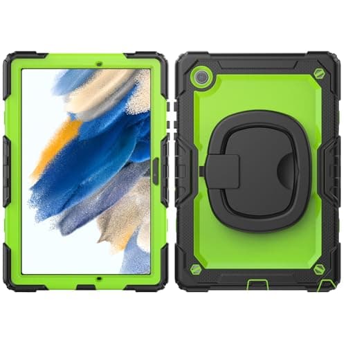 for Samsung Galaxy Tab A8 X205/X200 Case 2021 10.5" Case with Screen Protector, Full Body Protective Rugged Cover Rotating Handle Silicone Case for Galaxy Tab A8 10.5 inch(Yellow Green pc)