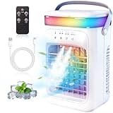 2026 New 4-in-1 Portable Air Conditioner, Sound ≤30dB Mini AC Unit, 12H Runtime, 1000ML Evaporative Air Cooler, 3 Speed & 2 Mist, Remote, USB, Timer, 7-Color LED for Bedroom Office Car - 1 PCS