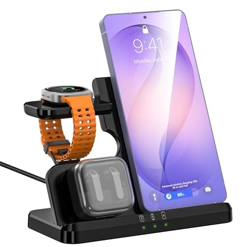 Indigotech 3 in 1 Wireless Charging Station for Samsung, 15W Fast Wireless Charger Stand for Samsung Galaxy S26/S25/S24 Series, Watch Ultra/8/7/6, Buds 4/3/Pro (with 18W Adapter, Black)