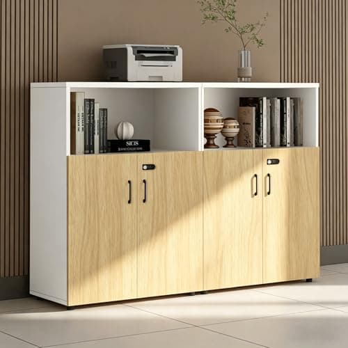 HSHBDDM File Cabinet with Password Lock, Wood Lateral Filing Cabinet for Letter/A4 Files, 3 Drawer with Door, Printer Stand with Open Shelves for Home Office