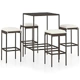 WDSAYREH 5 Piece Outdoor Bar Set with Cushions, Poly Rattan Patio Bar Table and Stools in Brown, Steel Frame with Tempered Glass Top