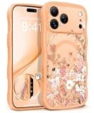GVIEWIN for iPhone 17 Pro Max Case Compatible with MagSafe [Curly Wave Edge][Full Camera Protection] Floral Translucent Shockproof Magnetic Women Phone Case for 17 Pro Max, Campanula/Orange