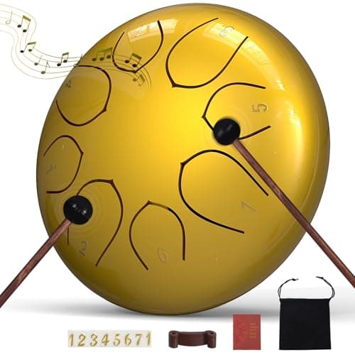 Rain Drum for Outside Garden, 6 Inches 8 Notes Steel Tongue Drums, Waterproof Meditation Rain Chime, Musical Instruments for Adult Gift with Bag, Music Book, Mallets (Gold)