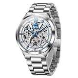 OLEVS Watches for Men Skeleton Automatic Mechanical Watch, Luxury Self Winding Waterproof Wristwatch - Silver Stainless Steel Band & White Dial