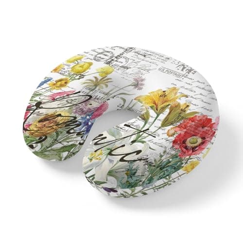 ZRNLTDGHK Neck Pillow Spring Watercolor Garden Flower Travel Pillow Memory Foam U Shaped Pillows, Vintage Letter Postmark Texture Travel Neck Pillows for Airplane Car Office Home Sleeping Rest