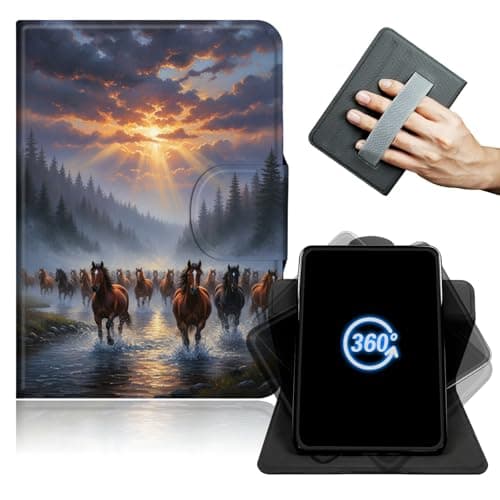 360° Rotating Case for Kindle Fire HD 10 Tablet (9th/7th/5th Gen, 2019/2017/2015) 10.1" with Hand Strap, PU Leather Cover Auto Sleep Wake & Magnetic Closure for Older Versions, Horses