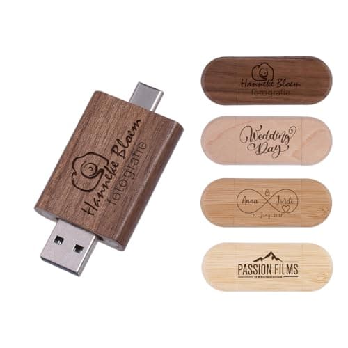 Custom Personalized USB 2.0 Type C Flash Drive 5Pcs, 128MB 2 in 1 USB C Wood Thumb Drive, Portable Dual Memory Sticks for Phone & PC, Engraved Your Logo & Text for Office/School/Company/Photography