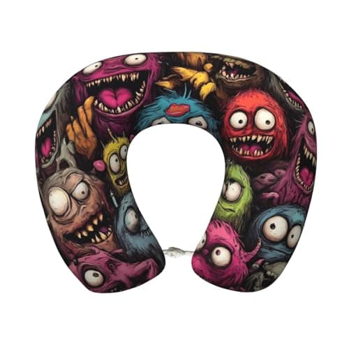 Guxkoqu Monstrous Cartoon Characters Print Neck Pillow for Traveling,Travel Neck Pillow for Airplane Pure Memory Foam Travel Pillow for Flight Headrest Sleep