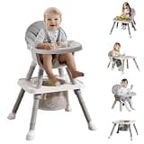 UNICOO 7 in 1 Convertible Baby High Chair, Toddler Highchair Converts to Activity Table and Chair Set, Removable Double Tray, 5-Point Harness, Storage Basket, Building Block Tabletop (Grey)