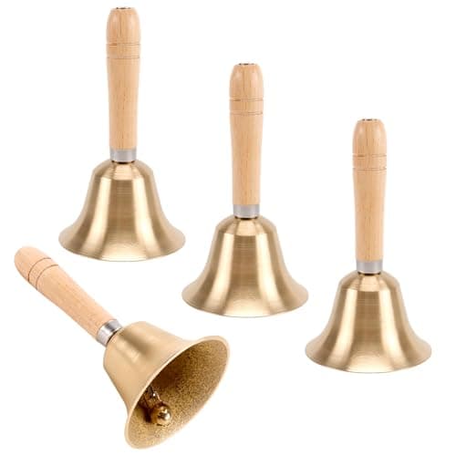 SENJEOK 4 Pcs 6 x 3 Inch Brass Hand Bell, Solid Small Metal Dinner Bell with Wood Handle for Service, Reception, Restaurant, Gold