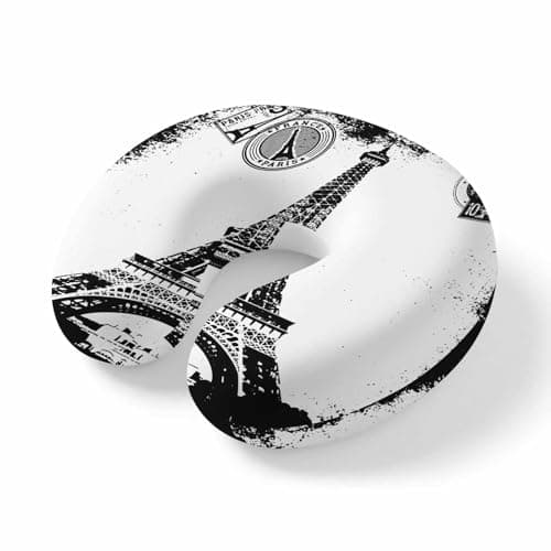 Vintage Black White Building Eiffel Tower Travel Pillow,U Shaped Ergonomic Neck Pillows Retro Stamps Memory Foam Portable Neck and Head Support Cushion for Airplane Car Home Office Sleeping