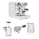 Rocket Appartamento 2.0 Espresso Machine (White) Bundle with Giannino Espresso Grinder (Chrome), 58mm Bottomless Portafilter & 12oz Matte White Frothing Pitcher
