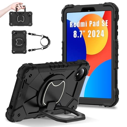 JSDCXF Case for Xiaomi Redmi Pad SE 8.7 Inch (2024),Shockproof Rugged Protective Cover,360° Rotating Stand with Shoulder Strap,Full-Body Heavy Duty Drop-Proof (Black+Black)