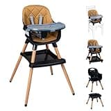 BABY JOY 8-in-1 High Chair, Convertible Wooden Highchairs for Babies and Toddlers | Dining Booster Seat | Toddler Stool, Double Removable Tray, 5-Point Safety Harness & Waterproof PU Cushion (Coffee)