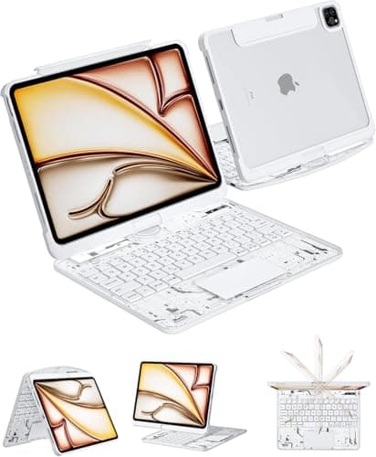 Keyboard Case for iPad Air 11-inch & 10.9-inch (Air 5th/4th Gen) and iPad Pro 11-inch (1st–4th Gen), 360° Rotating Clear Case with Trackpad, 7-Color Backlit, LCD Power Display, Pencil Holder, White