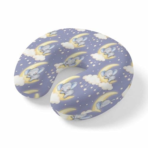 ZFUNCING Travel Pillows U-Shaped Neck Pillow Dreamy Baby Elephants Sleeping on Purple Ergonomic Memory Foam Pillow Head Cushion,Moons Stars Soft Portable Neck Pillows for Office Airplane Car Train