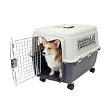 SportPet Airline Compliant MEDIUM 24.25" Travel Dog Kennel-Durable Plastic Airline Pet Carrier w/Removable Wheels & Food Bowls, Collapsible Indoor/Outdoor Dog Kennel, Dogs up to 23"L & 15"H-Cream/Gray