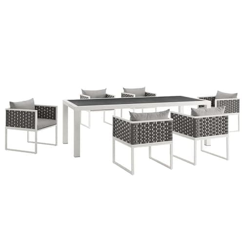 Oakestry Stance 7 Piece Outdoor Patio Aluminum Dining Set with White Gray Cushions