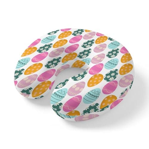 Yaiikkvbaa Easter Eggs Neck Pillow Memory Foam U Shaped Travel Pillow, Colorful Egg Spring Daisy White Flowers Neck Support Pillows Decorative Headrest Cushion for Airplane Sleeping Car Office