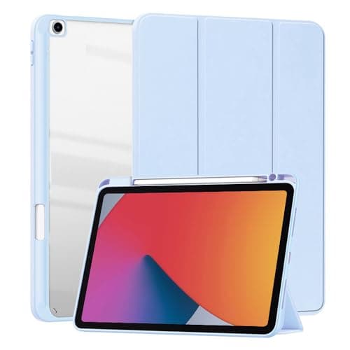 SFFINE Clear Case for iPad 9th/8th/7th Generation 2021/2020/2019 10.2 Inch with Pencil Holder, Transparent Magnetic PU Leather Smart Stand Folio Stand Cover (Light Blue)