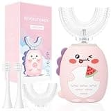 Onekki Kids U Shaped Electric Toothbrush with 4 Brush Heads, Sonic Toddler Toothbrush with 3 Modes, Cartoon Dinosaur Full Mouth 360-Degree Cleaning, IPX7 Waterproof for Age 2-12 (Dinosaur-Pink2)
