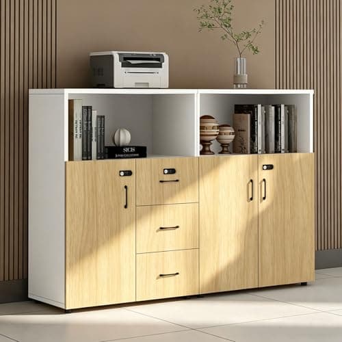 HSHBDDM File Cabinet with Password Lock, Wood Lateral Filing Cabinet for Letter/A4 Files, 3 Drawer with Door, Printer Stand with Open Shelves for Home Office