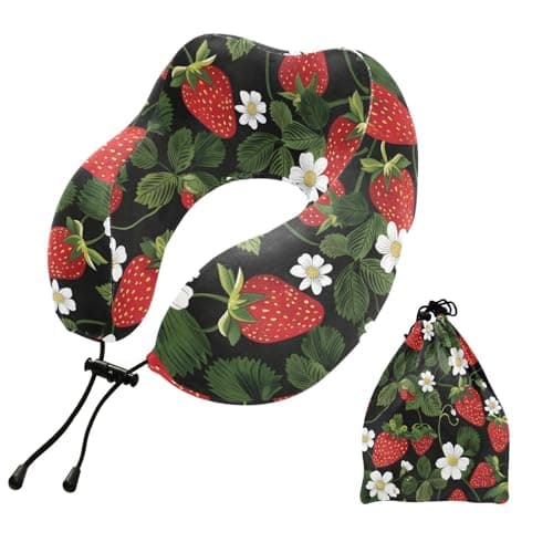 ZOEO Travel Pillow for Neck Head, Cute Strawberry White Flowers Memory Foam Padding Sleeping Airplane Trains Cars Camping Office