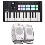 Novation Launchkey Mini 25 MK4 MIDI Controller Bundle with ADAM Audio D3V White Desktop Monitors — Ribbon Tweeter Production Kit for Beat Making, Music Production, Streaming, Content Creation