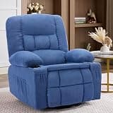 Oversized Swivel Rocker Recliner Chair with Massage & Heat,Nursery Rocking Chairs for Living Room,Recliner Chair for Adults,Ergonomic Relining Chair with Cup Holders,USB Charge Port,Side Pockets,Blue