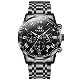 OLEVS Watch Men Luxury Black Watches for Men Dress Luminous Waterproof Analog Quartz Mens Watches with Date Fashion Stainless Steel Large Face Chronograph Moon Phase Classic Wrist Watch for Man