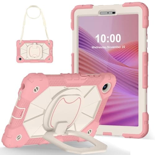 for Lenovo Tab One 8.7 inch/K9 TB305FU (2025) Shockproof Kids Case,360 Degree Rotating Handle Stand Heavy Duty Silicone Case,Kickstand & Shoulder Strap,Pink