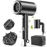 Hair Dryer with Diffuser, 150000 RPM Ionic Blow Dryer, Foldable Travel Hair Dryer with Nozzle, Lightweight Low Noise Fast Drying Hairdryer for Women Men, Portable Mini Hair Dryer, Black 001