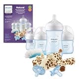Philips Avent Natural Response Baby Gift Set - 3X 4oz Blue Bottles with Slow Flow Nipples (Flow 2), 1x 9oz Blue Bottle with Medium Flow Nipple (Flow 3), 2X Soothie Pacifiers 0-3m, SCD838/04
