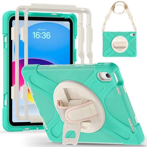 Shockproof Case for iPad A16 10th 2022 /11th 2025 Generation [2 Front Frames] Rugged Cover with 360° Rotatable One-Click Reset Stand & Velcro Hand Strap (Integrated Pencil Holder), Mint Green