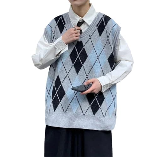 Men Argyle V Neck Knitted Sleeveless Students Preppy Style Sweater Vest Gray XXL