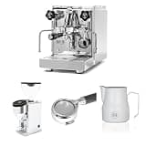 Diletta Bello Espresso Machine (Stainless Steel) Bundle with Rocket Faustino Grinder (Chrome), 58mm Bottomless Portafilter & 12oz Frothing Pitcher (Matte White)